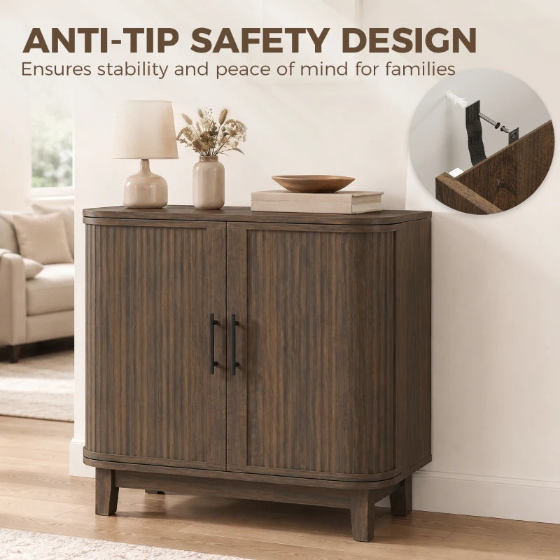 Dark walnut sideboard cabinet with curved top, double doors, and sturdy legs
