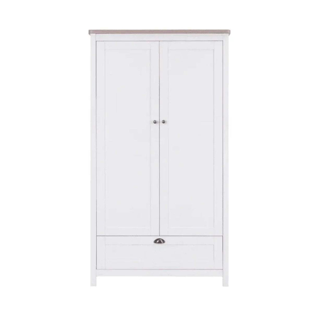 White wardrobe with two doors and lower drawer, brass round knobs