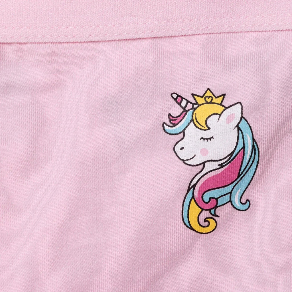 Light pink briefs close-up: unicorn graphic patch on front panel