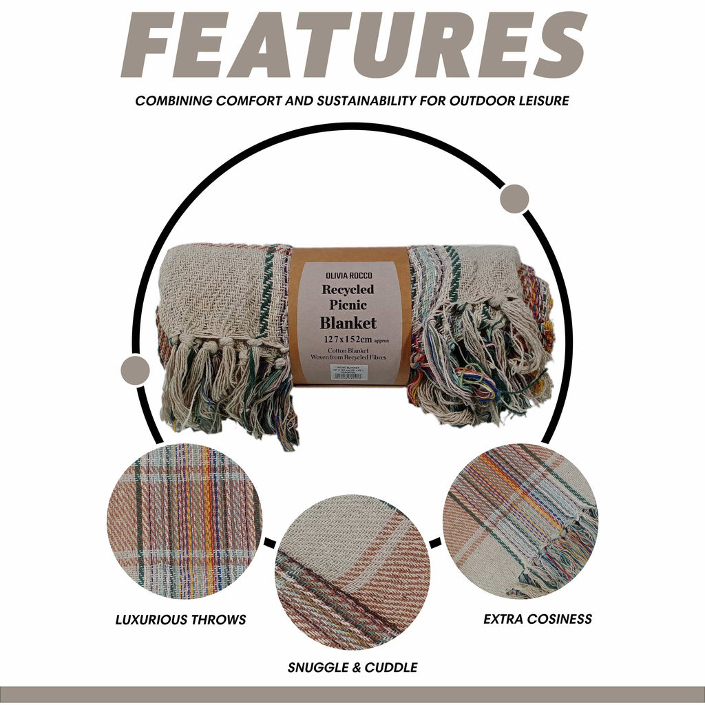 Eco-Friendly Recycled Cotton Picnic Blanket Check Stripe Design Super Soft Cozy Foldable and Packable for Beach Park Camping 130 x 150 cm