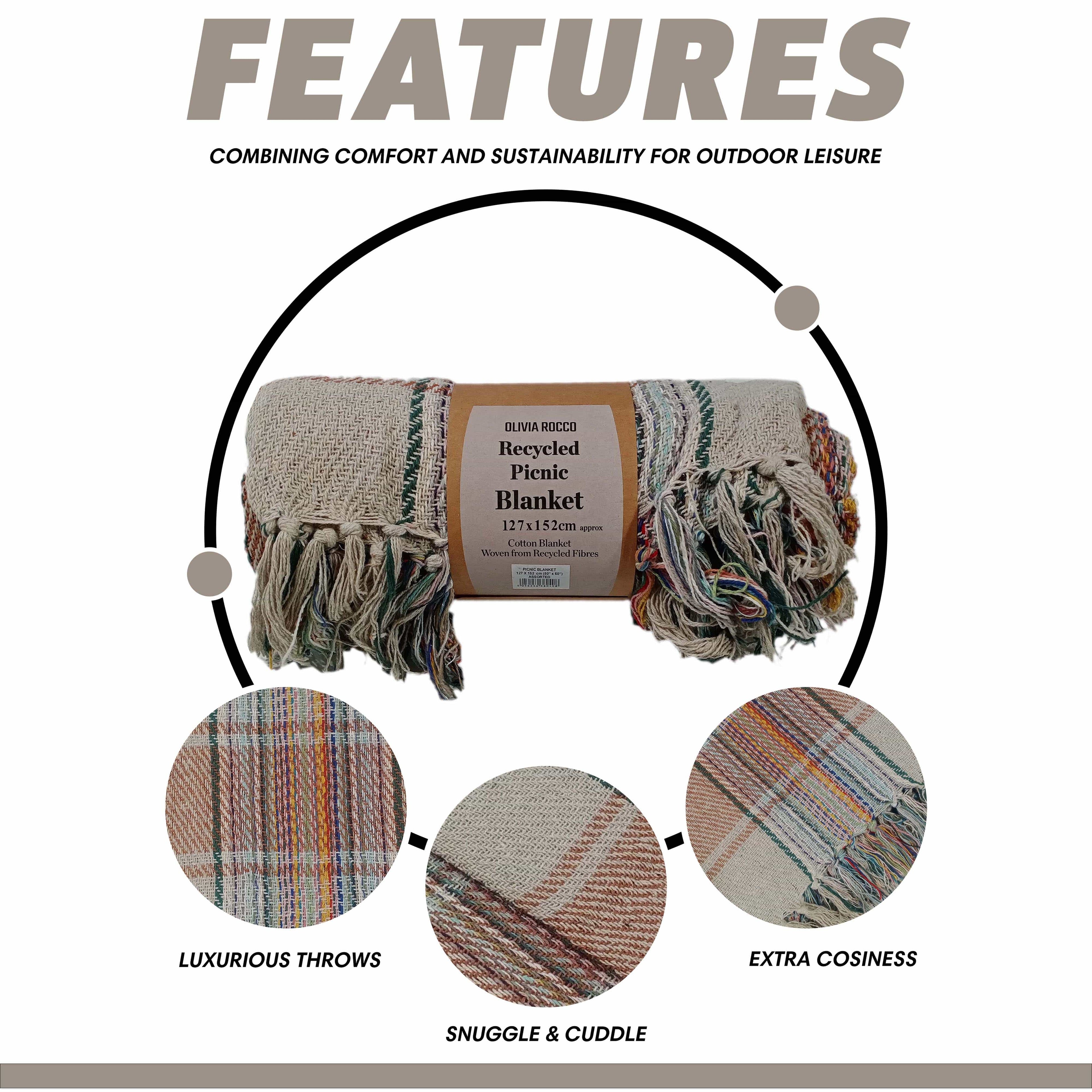 Eco-Friendly Recycled Cotton Picnic Blanket Check Stripe Design Super Soft Cozy Foldable and Packable for Beach Park Camping 130 x 150 cm