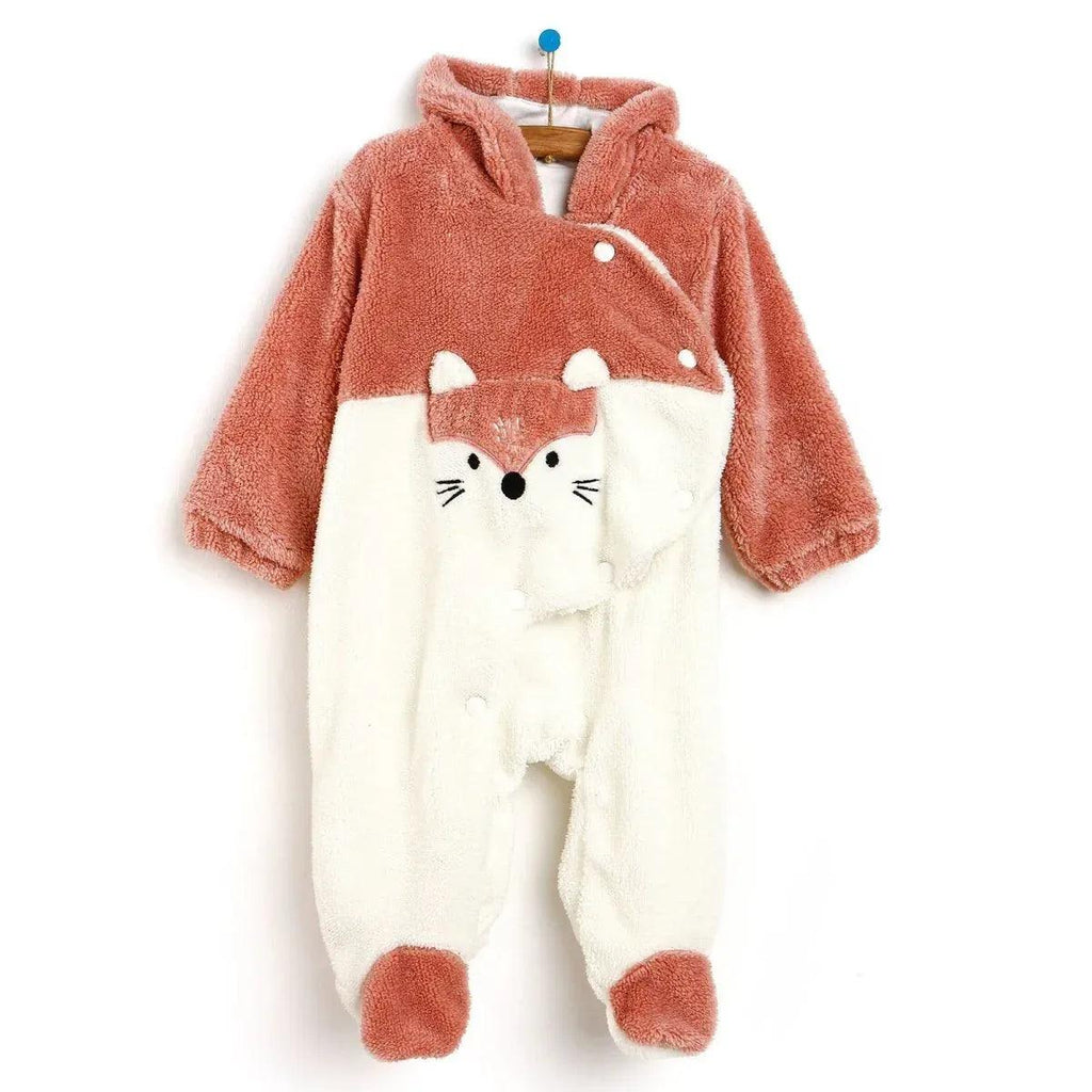 Newborn fox hooded footed jumpsuit in terracotta and cream teddy fleece.