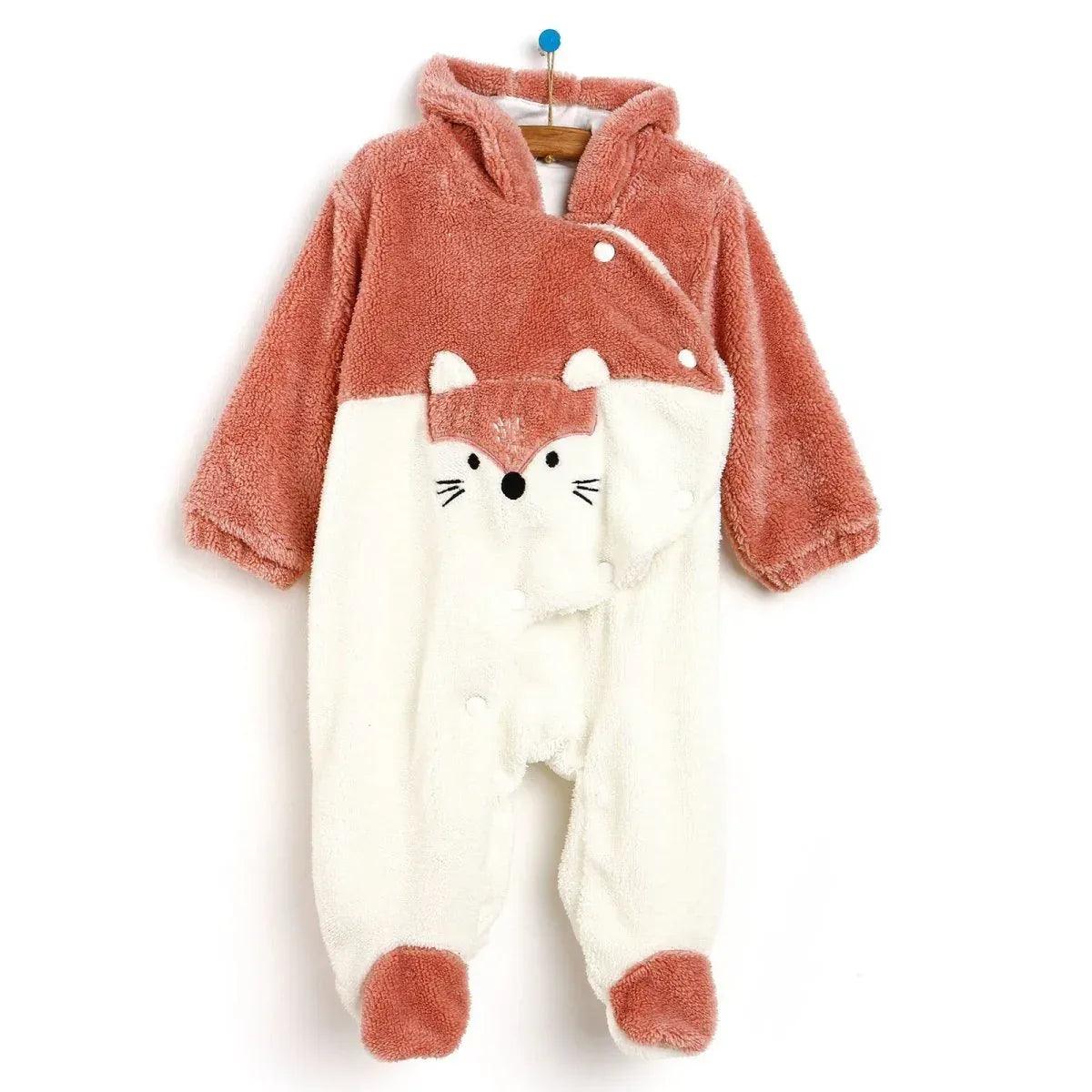 Newborn fox hooded footed jumpsuit in terracotta and cream teddy fleece.