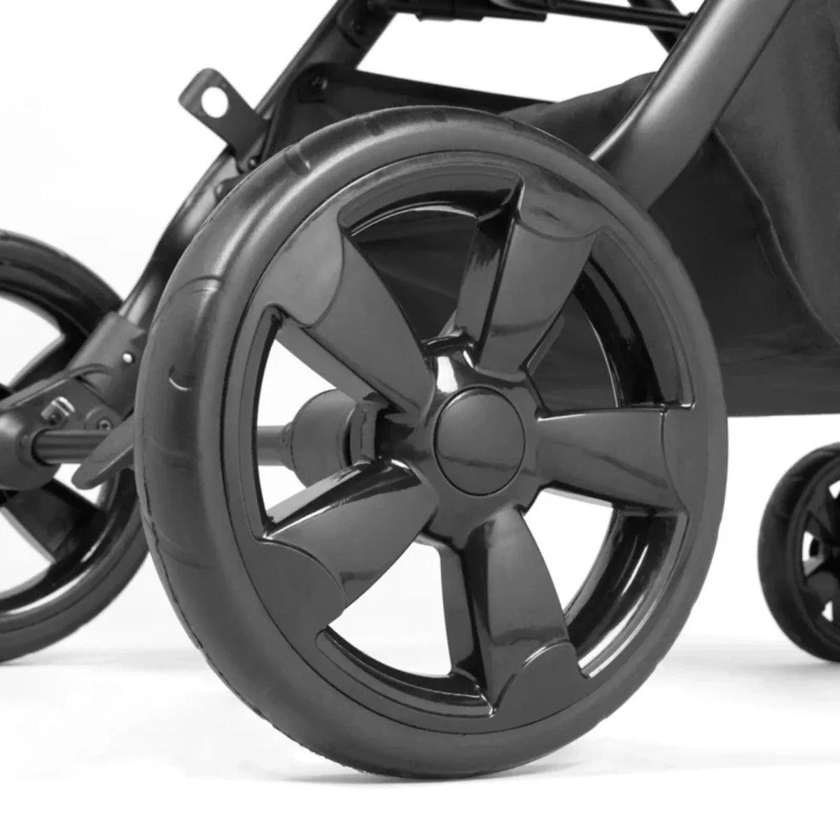 Black stroller front wheel with spokes and suspension