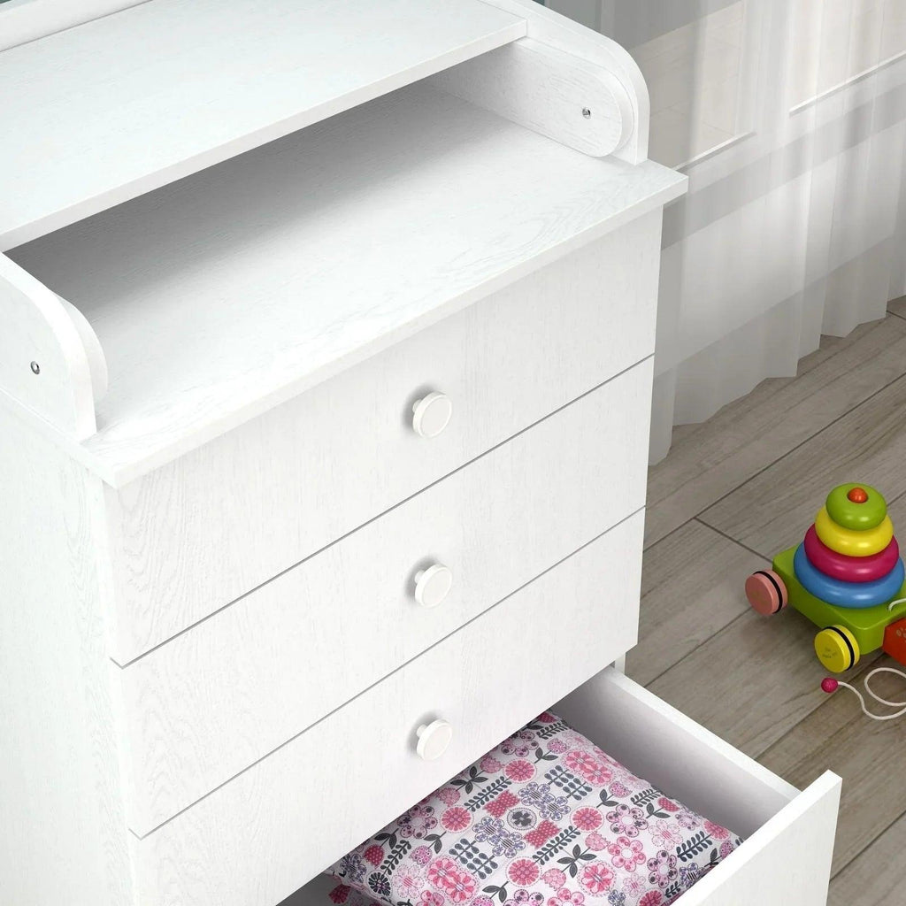 White changing dresser drawer with open bottom shelf and round pull handles