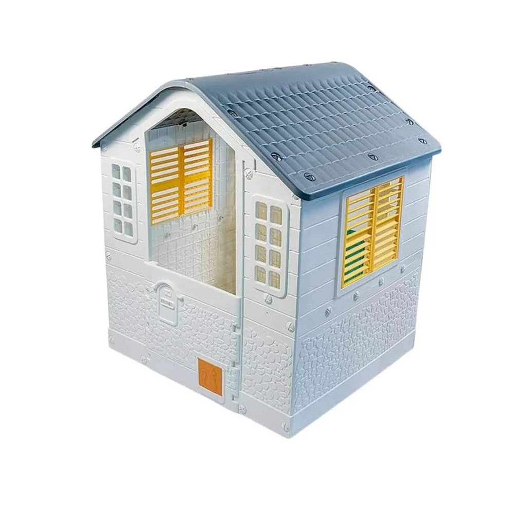 Blue and white plastic playhouse with blue roof, shutter windows and front door