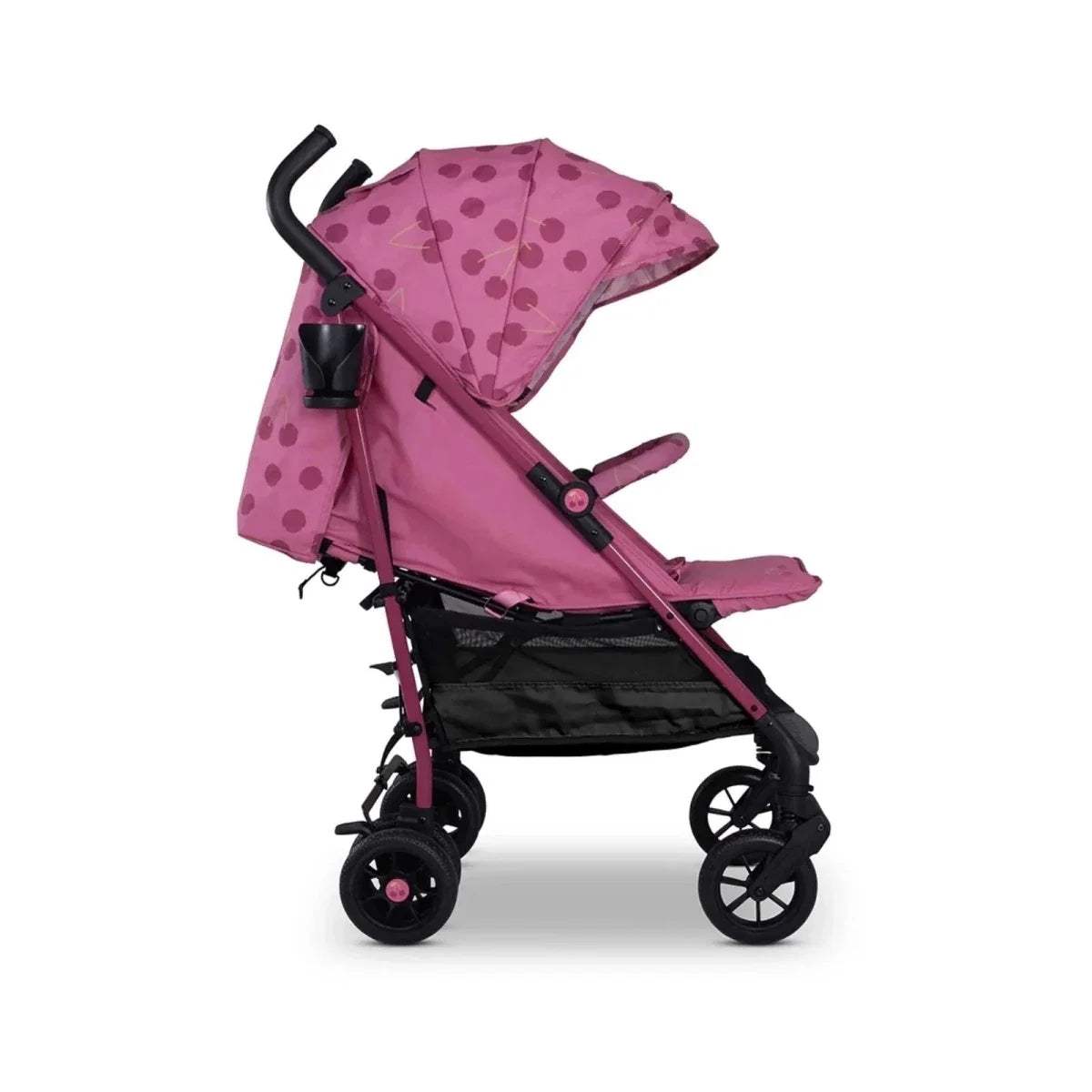 Cherry pink patterned stroller with canopy and adjustable handle, side view