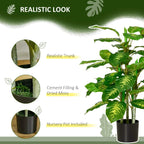 Faux rose plant with pots, realistic green leaves on black pot with multiple stems