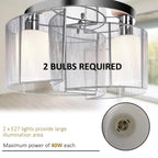 Semi-flush ceiling light with silver frame and two cream glass shades