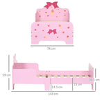 Pink kids toddler bed with princess bow headboard, heart and ice-cream prints, safety rails on sides