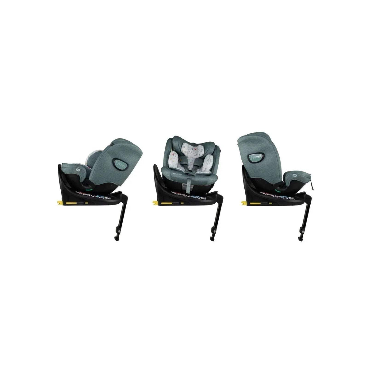 Teal infant car seat with forest animal print insert, padded straps, and recline position
