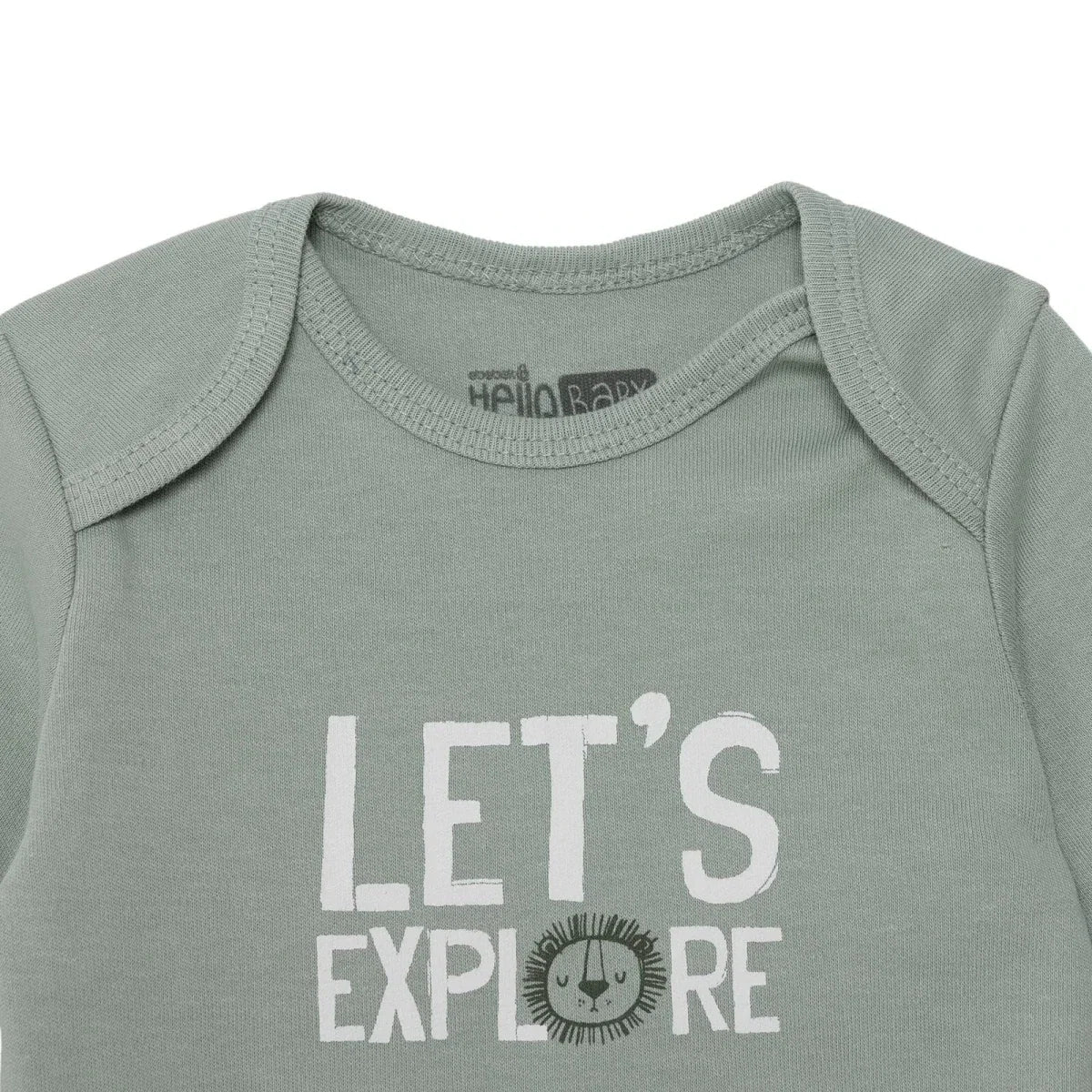 Green long-sleeve bodysuit neckline label with “LET’S EXPLORE” text graphic