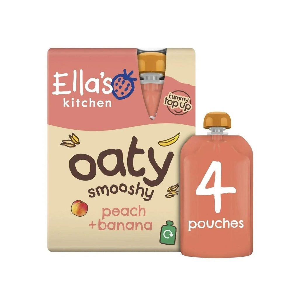 Baby food oaty smooshy pouch marked “4 pouches” and peach + banana carton, organic