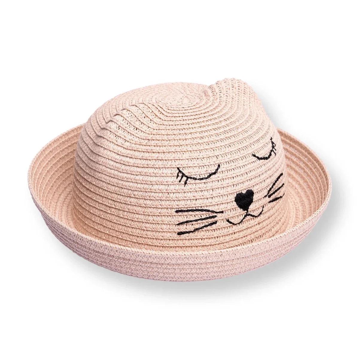 Light pink straw baby hat with wide brim and embroidered cat face