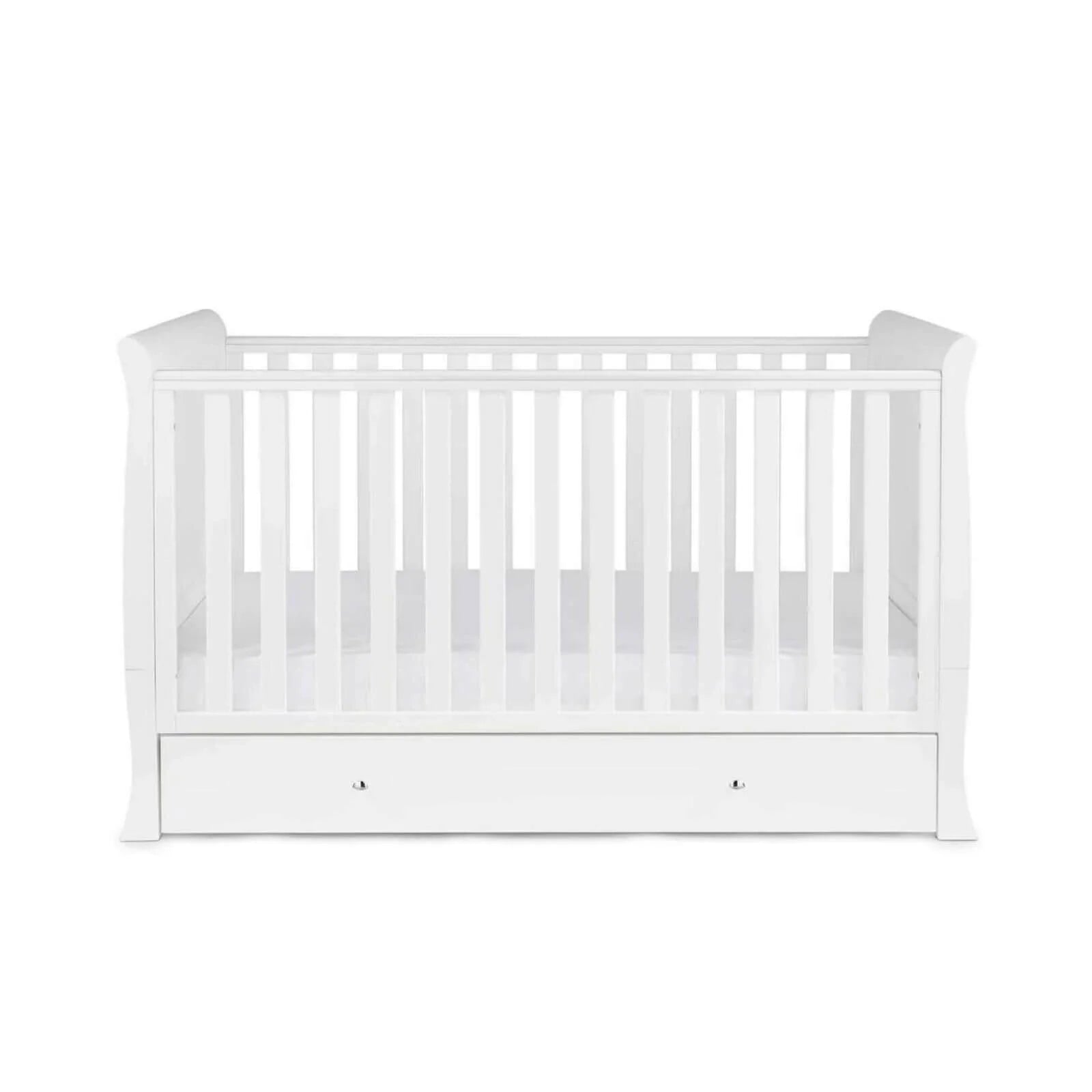 White wooden baby cot with vertical rail fence and drawer base, front view