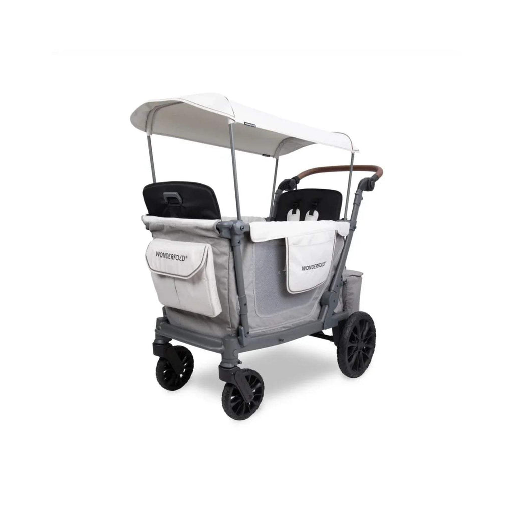 Grey stroller wagon front view with canopy and padded seat, twin safety pockets.