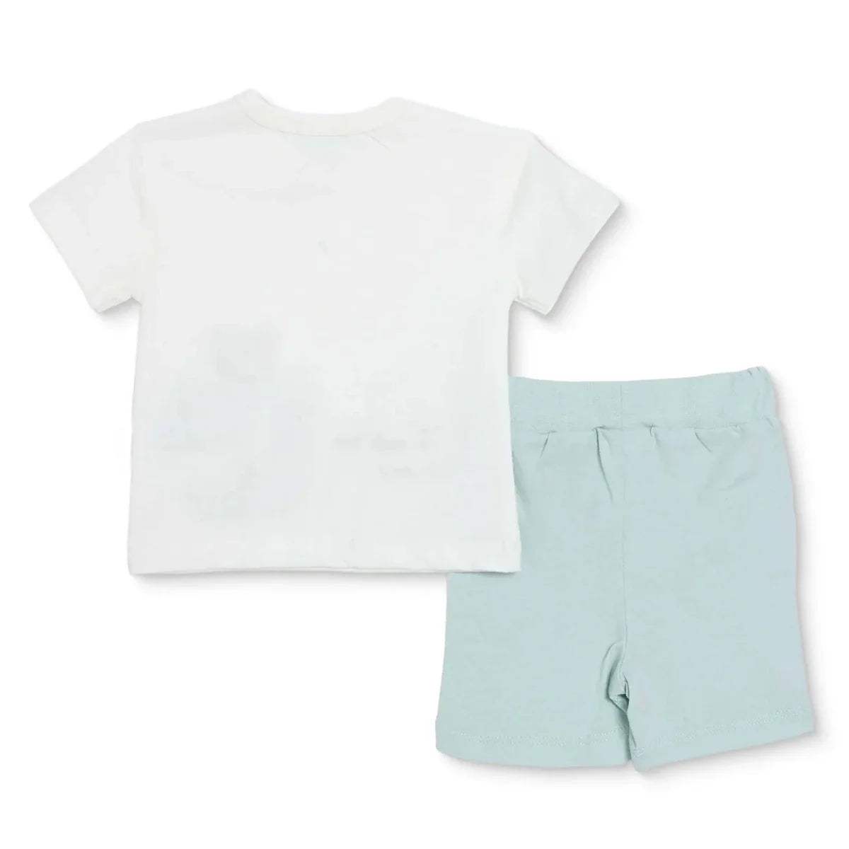 Boys white T-shirt and light mint shorts set, crew neck and elastic waist