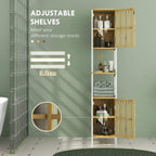 White bathroom storage cabinet with interior shelves behind bamboo slatted door