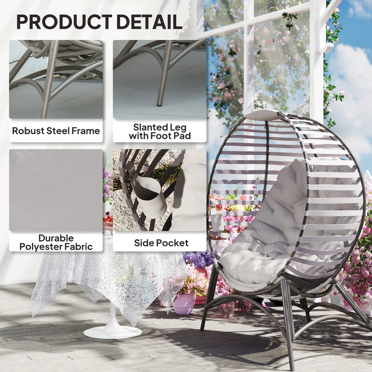 Outsunny Egg Chair with Cushion & Side Pocket Light Grey