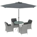 4 Seater Rattan Dining Set with Parasol & Cushions - Light Grey - Bobobiy