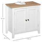 White under-sink bathroom cabinet with wood top and two paneled doors, pedestal base