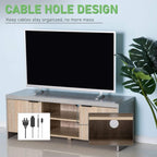 TV stand with cable hole on back, two doors, open shelving, grey concrete-look top