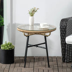 Beige round rattan table with tempered glass top and black metal base