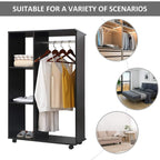 Black wardrobe on wheels with hanging rail and open shelves, shown with inset room views