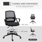 Black ergonomic mesh drafting chair shown rotating on a 360° swivel base