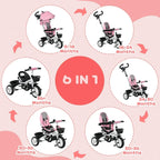 Pink multi-mode baby tricycle stroller shown in multiple positions, side view