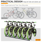 Black bike parking rack holding multiple bicycles with six U-shaped holders