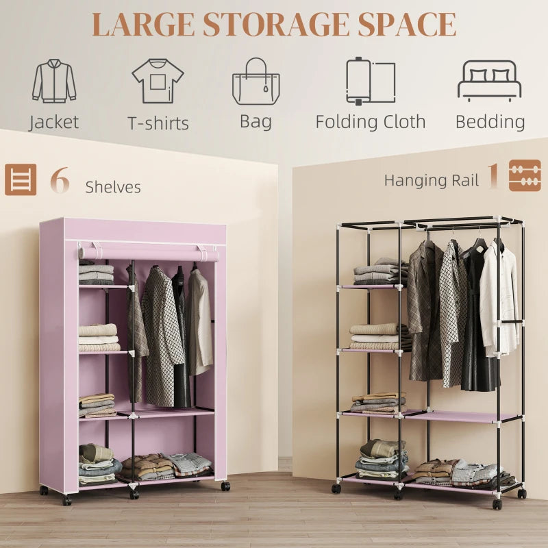 Pink folding fabric wardrobe with shelves and hanging rail, shown with hanging clothes.