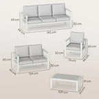 White outdoor seating set layout: sofa, 2 chairs, and gray-top coffee table with cushions