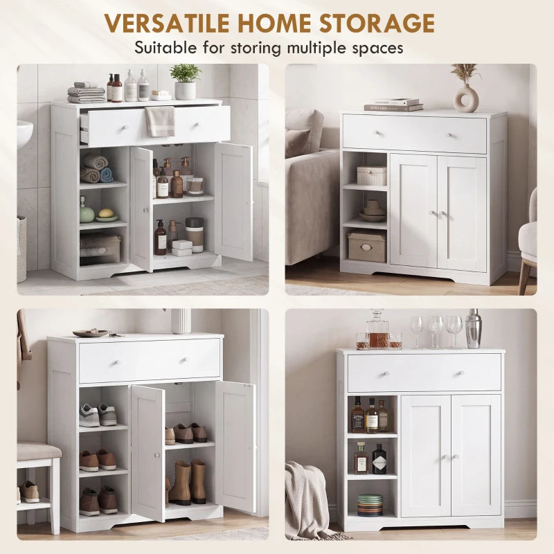 White freestanding cabinet with multiple open shelves and double-door storage
