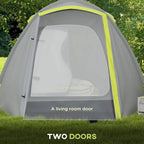 Two-room dome camping tent with two front doors, gray fabric and lime yellow trim