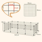 Black metal wire pet playpen enclosure with labeled dimensions and panel layout diagram