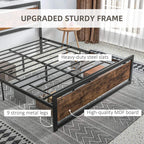 Heavy-duty metal bed frame with slatted support, grey rails and brown panel headboard