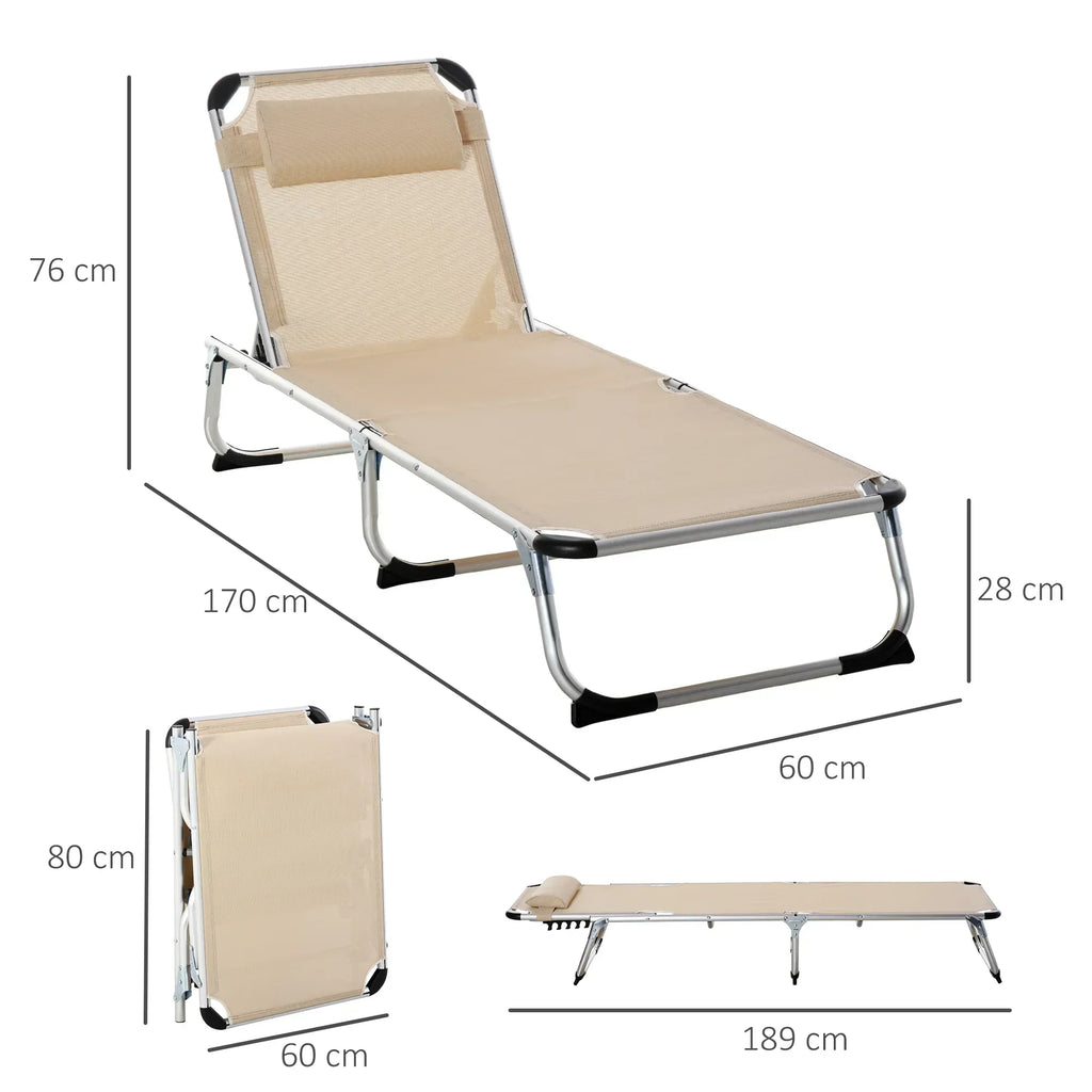 Foldable Outdoor Sun Loungers Set of 2, Reclining Lounge Chair Camping Bed Cot with Pillow 4-Level Adjustable Back Aluminium Frame, Khaki - Bobobiy