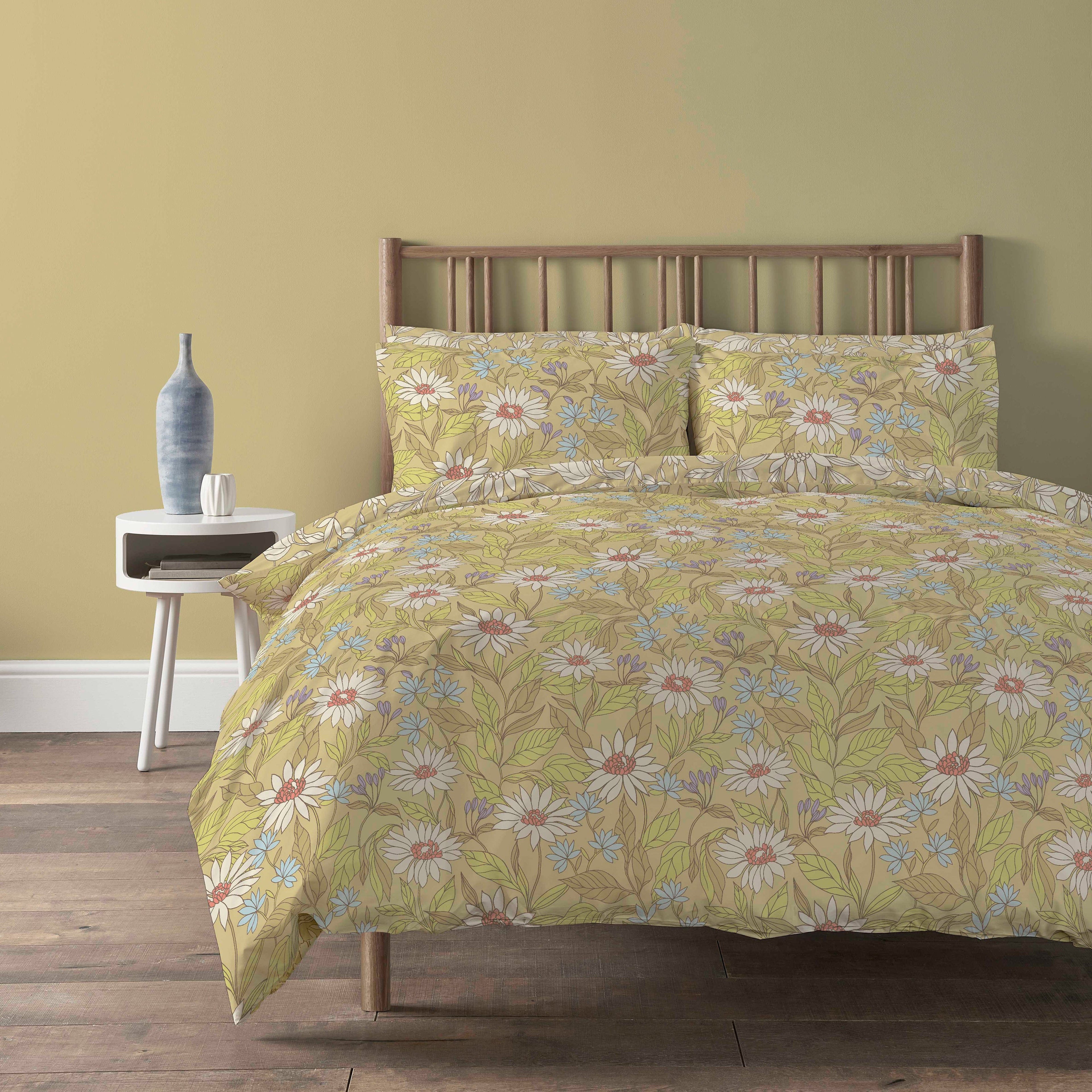 Elinor Ochre Duvet Cover Set Super Soft Floral Printed Bedding with Pillow Cases Easy Care Bed Linen