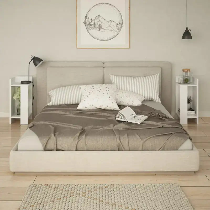 Modern narrow bedside table with open shelf, grey finish, left side view.
