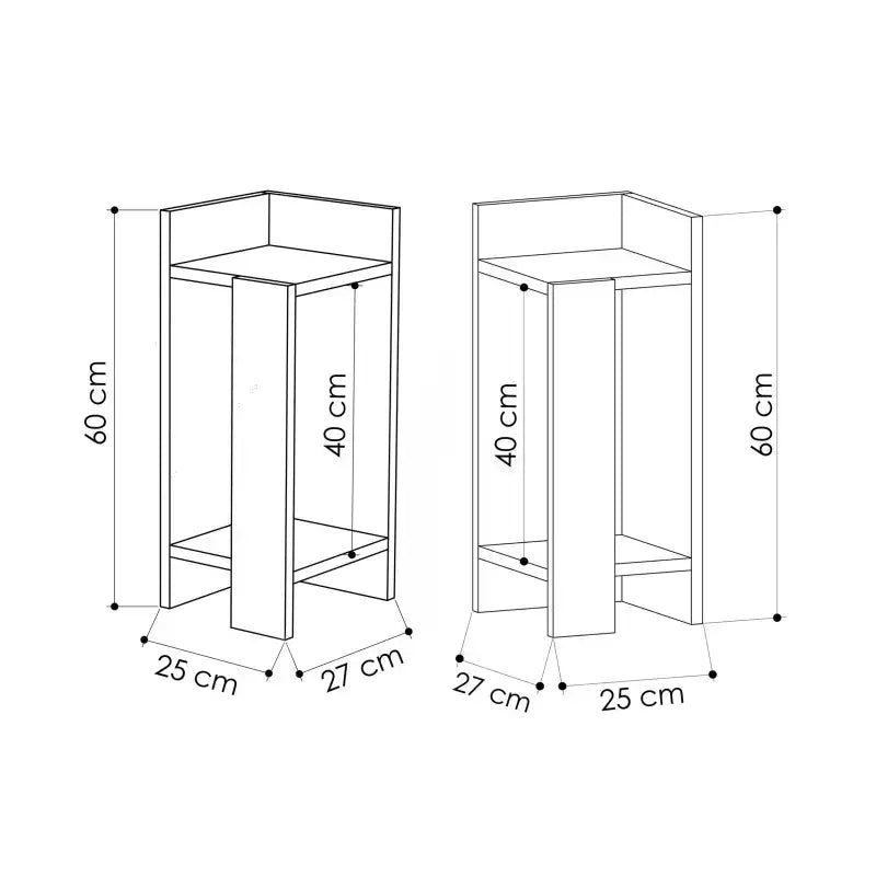 Narrow bedside table dimensions, 25 cm wide and 60 cm high schematic
