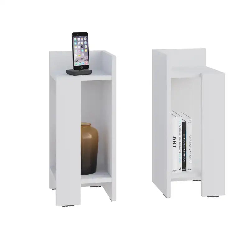 White narrow bedside table with open shelf, phone and bottle inside
