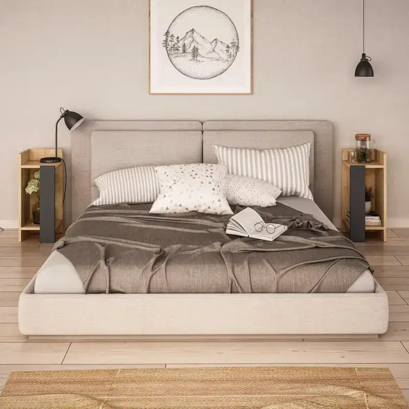 Modern narrow bedside table with open shelf, light wood finish, bedside corner view.