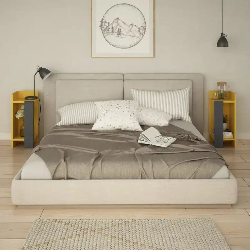 Modern narrow bedside table with open shelf, yellow-wood finish, bedside right view.