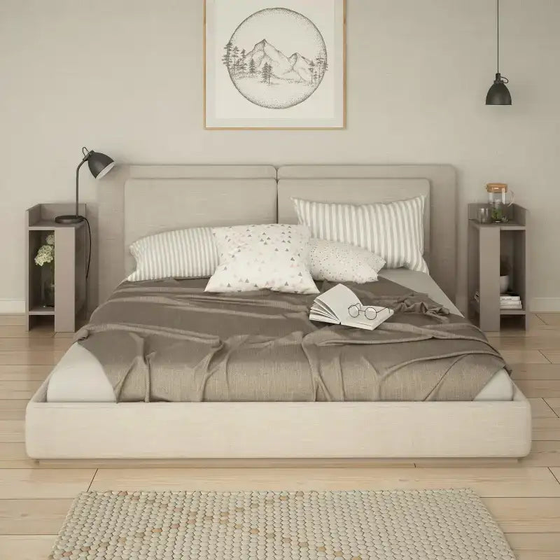 Modern narrow bedside table with open shelf, grey finish, right side view.