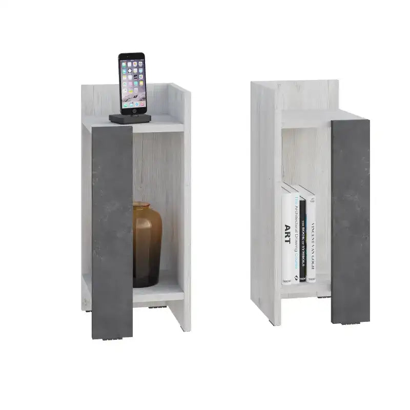 Gray narrow bedside table with open shelf, phone and bottle inside