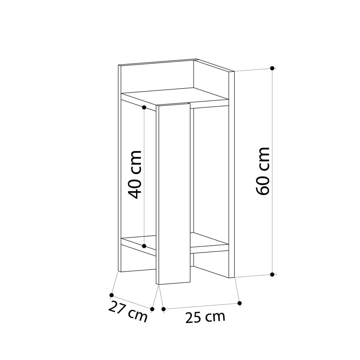 Narrow left bedside table module, 25 cm wide, open shelves, 40/60 cm height