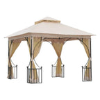 Beige double-tier garden gazebo with black metal frame and sheer side curtains