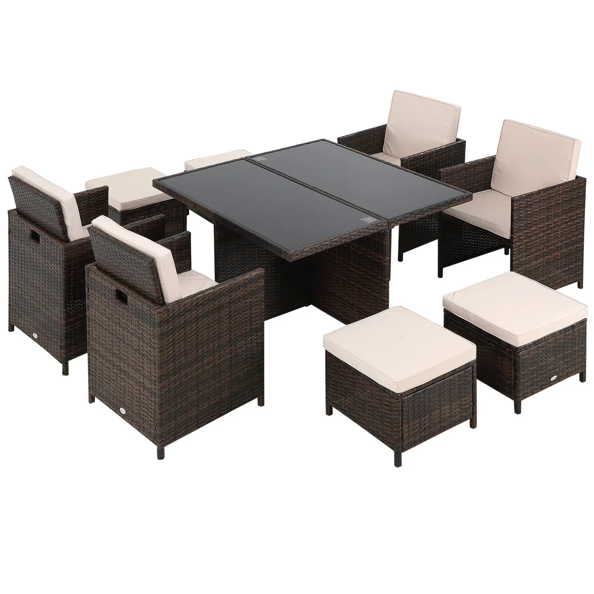 8 Seater Rattan Cube Garden Furniture Set, Rattan Dining Set with Cushions, Outdoor Dining Table and Chairs with 4 Armchairs, 4 Stools, Square Glass Top Table for Patio, Balcony, Brown - Bobobiy