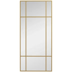 Gold-tone grid wall mirror with rectangular frame and reflective glass panels.